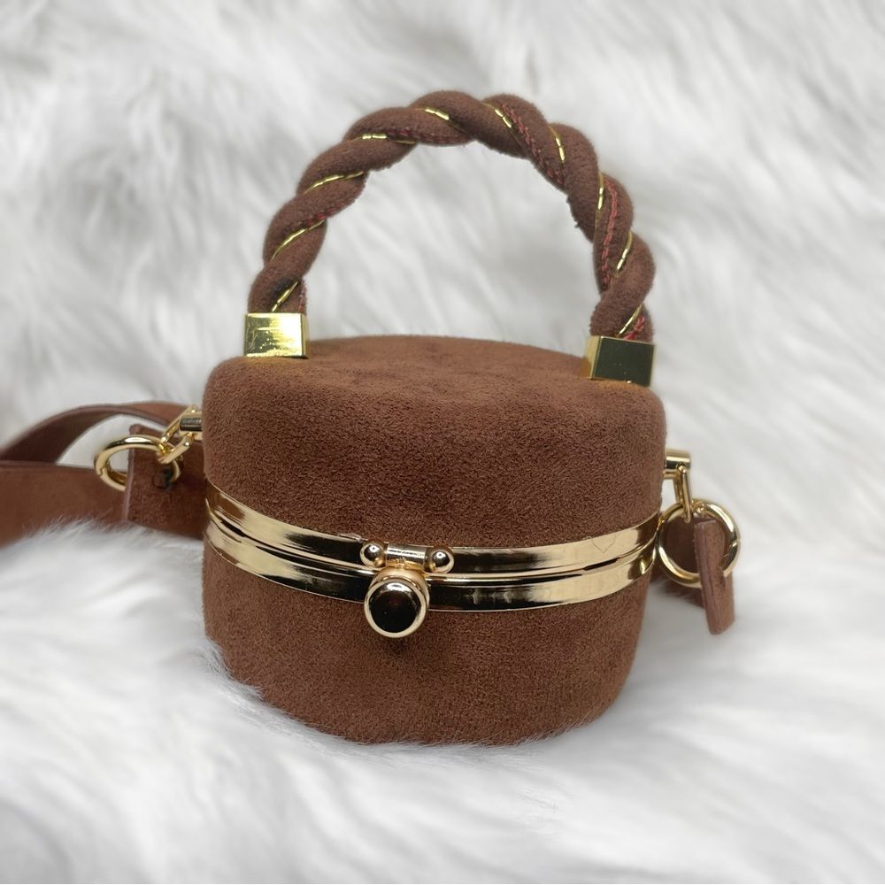 Brown and Gold  Faux Suede Circle Crossbody Handbag